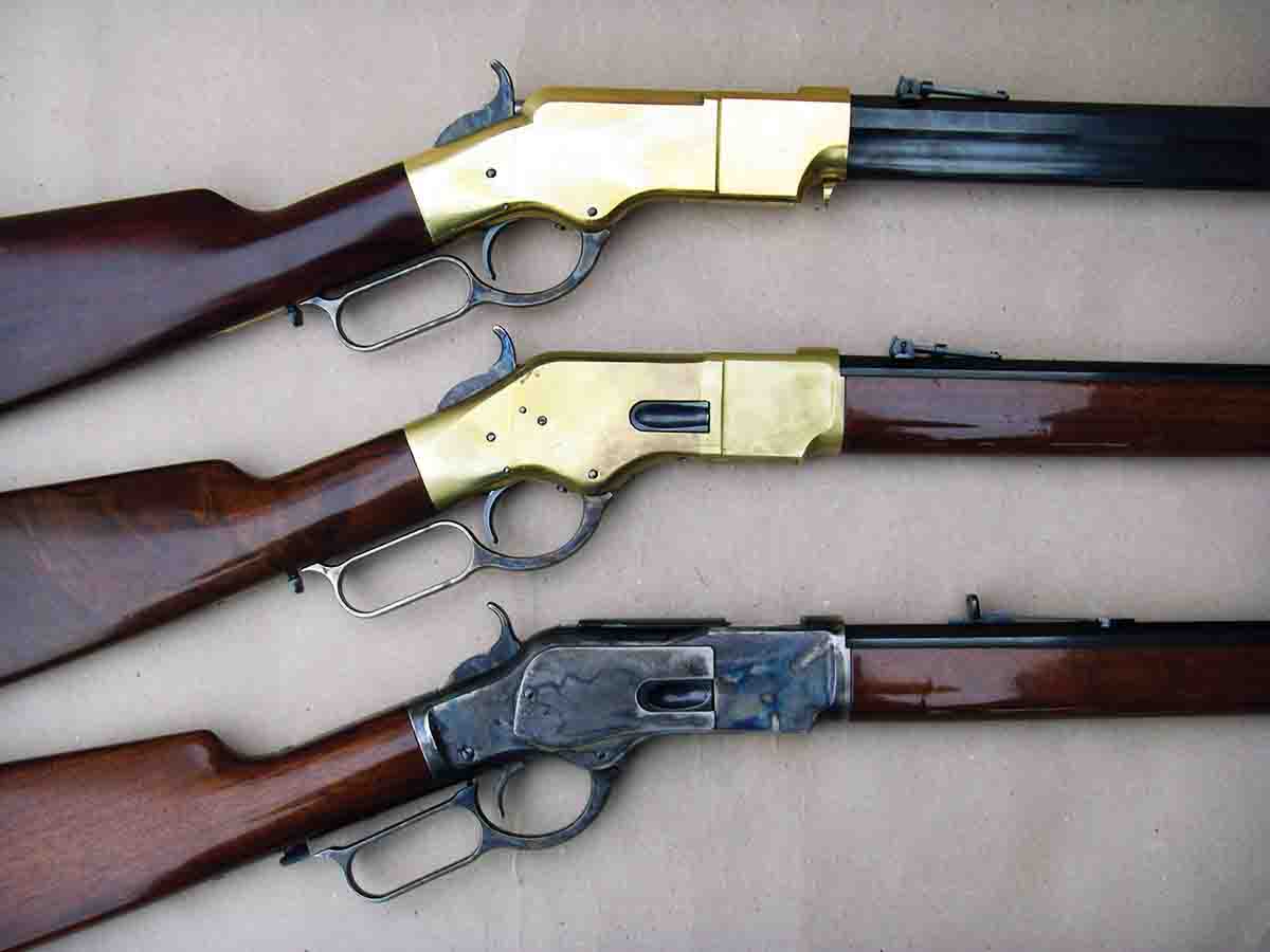 The Model 1873 (bottom) is based on the same action designs as the Henry Rifle (top) and Model 1866 (middle).